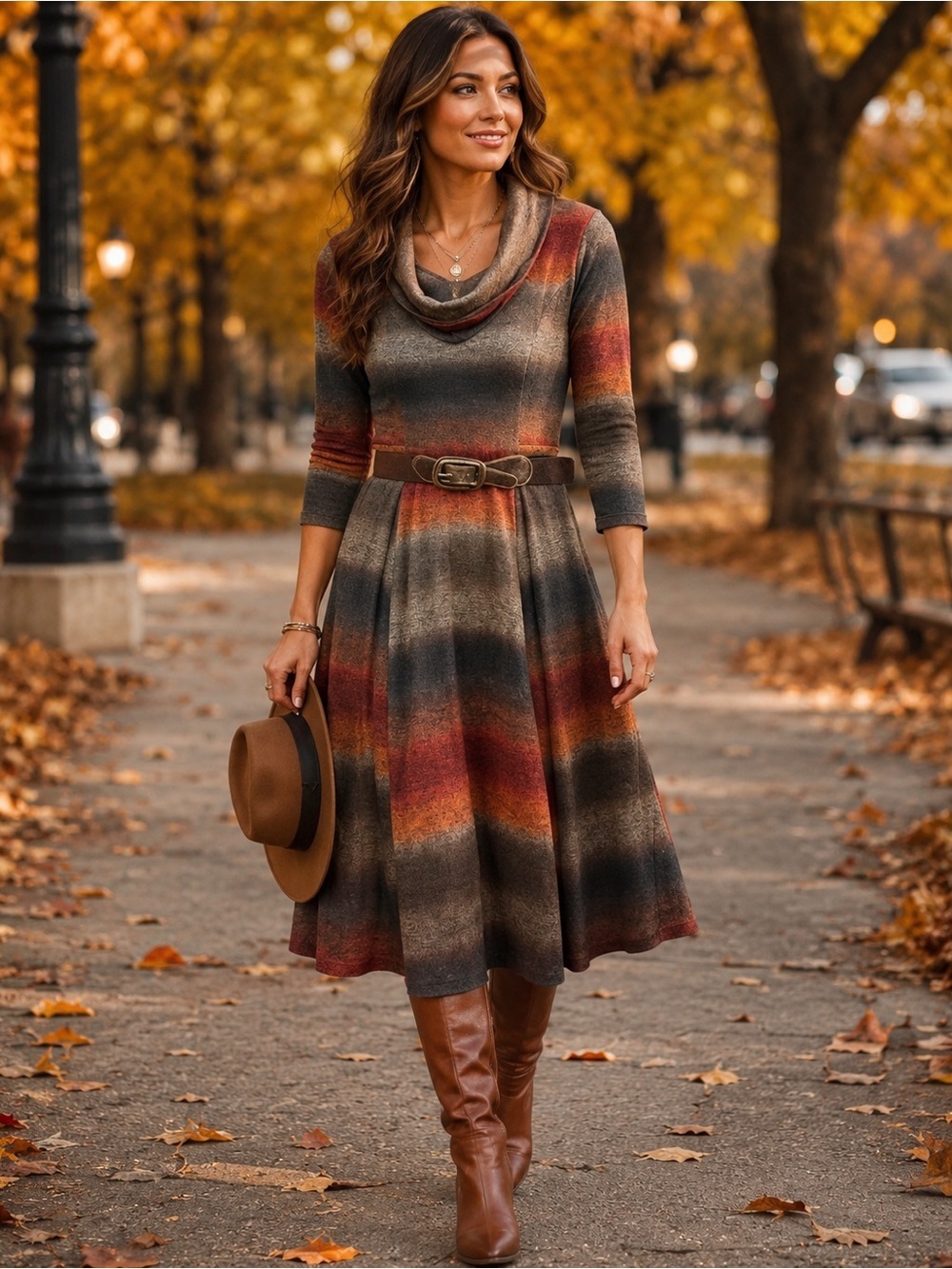 Signature by Robbie Bee Cowl Neck Dress With Belt Midi Rust 3/4 Sleeves Size Sm